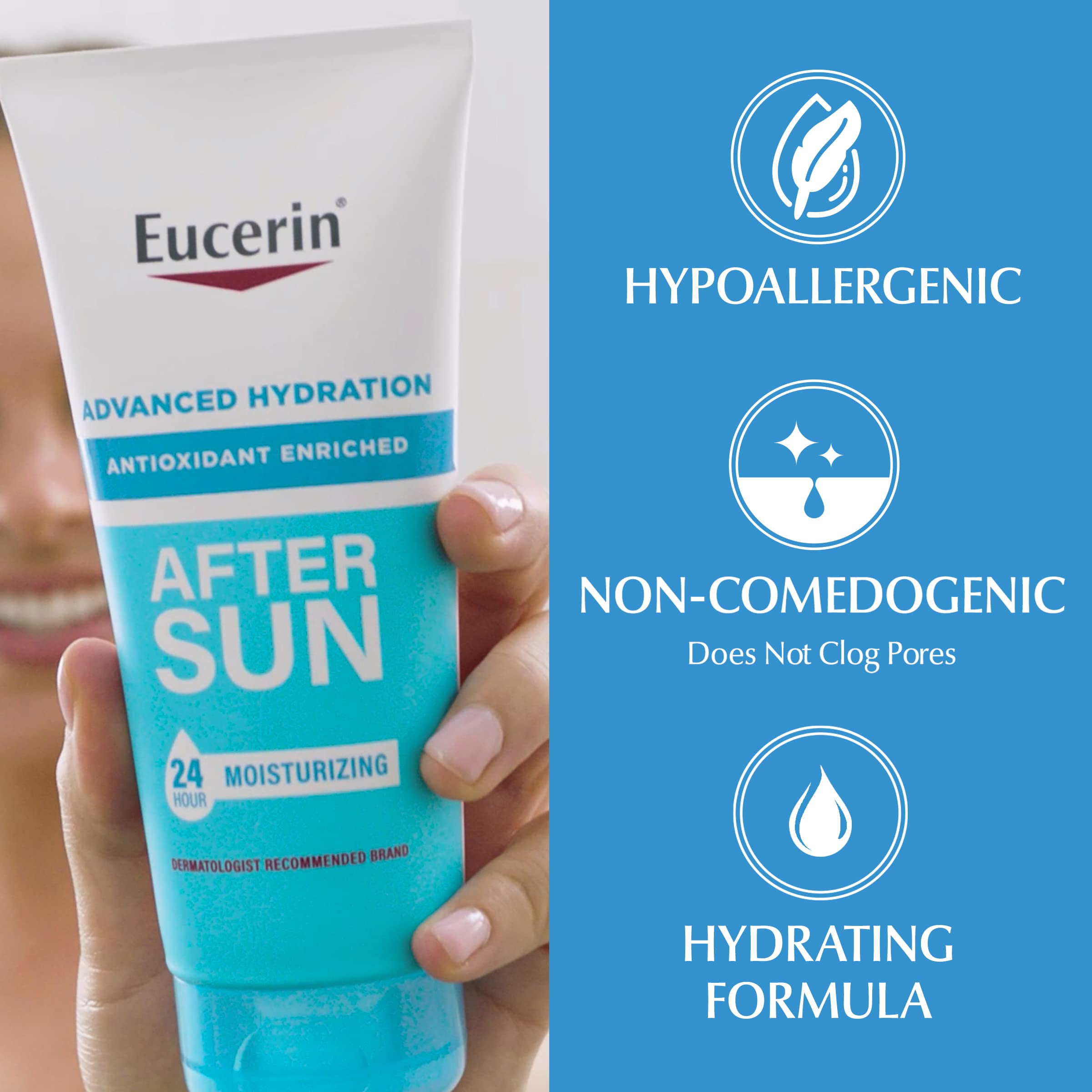 Eucerin Advanced Hydration After Sun Lotion for Face and Body, Enriched with Antioxidants, 24-Hour Hydration for Dry, Sun-Stressed Skin, 6.8 Fl Oz Tube