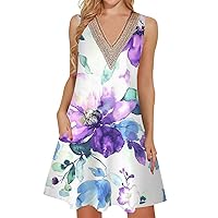 Womens Dresses Summer Casual Sleeveless V Neck Lace Tank Dress Loose Flowy Beach Boho Sundress with Pockets