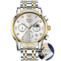 OLEVS Men's Stainless Steel Chronograph Watch, Big Face Two Tone Easy to Read Analog Quartz Watch for Men, Dress Luxury Waterproof Date Moon Phases Diamond Silver/Black/Blue/Gold Dial