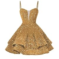 WilFiks Teens Sequin Tiered Prom Dresses Short Homecoming Dresses 2024 Spaghetti Straps V Neck Cocktail Party Gown