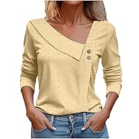 3/4 Sleeve Eyelet Tops for Women Embroidered Breathable Summer Shirts Crew Neck Lapel Button Casual Going Out Tunic