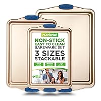 NutriChef 3-Piece Nonstick Bakeware Set - Premium Carbon Steel Baking Trays with Blue Silicone Handles, Easy to Clean, Small, Medium & Large Cookie Sheet Pans