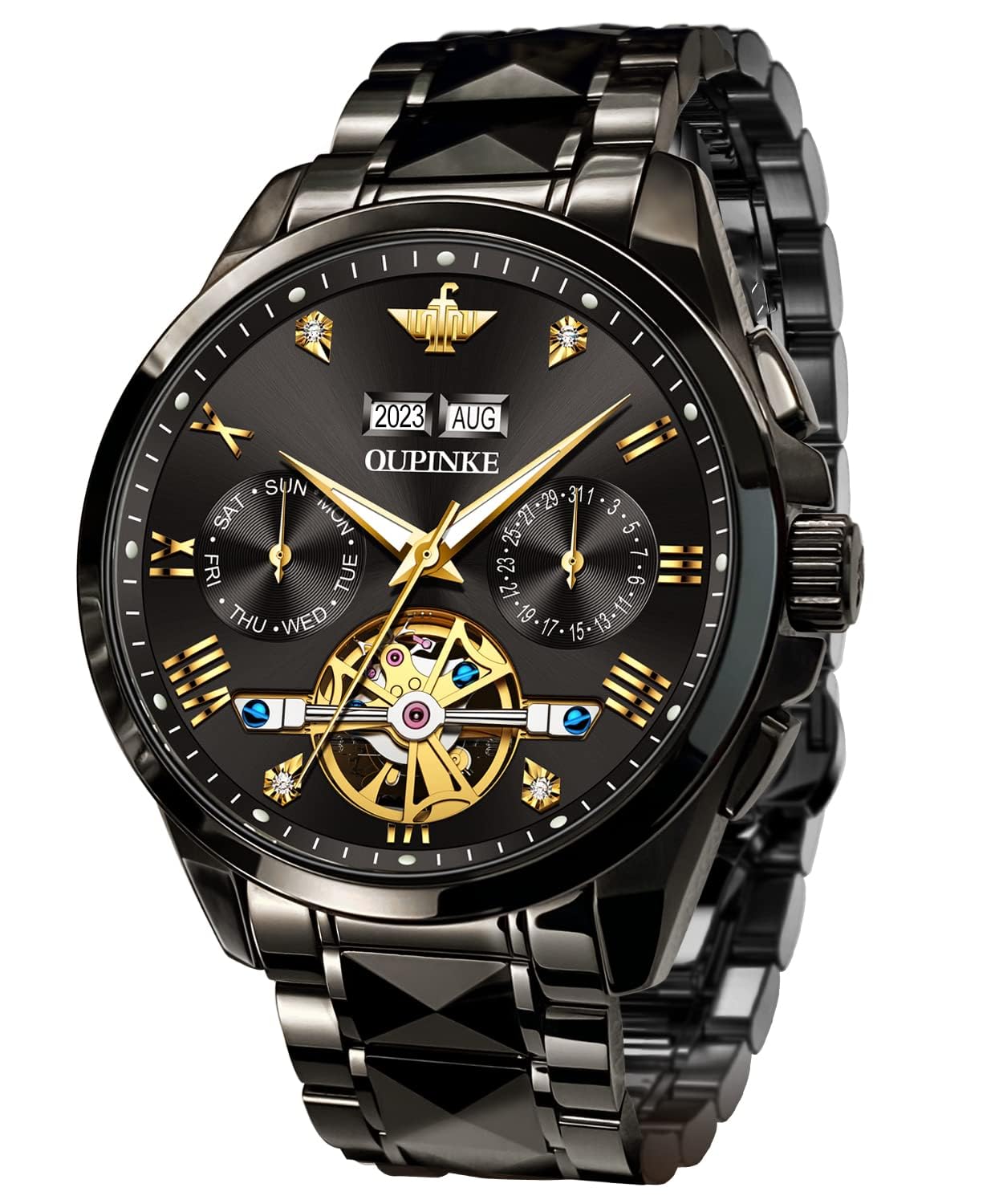OUPINKE Automatische Uhren für Männer Luxus Mechanische Wolfram Stahl Casual Leuchtende Armbanduhr Wasserdicht Saphir Kalender Uhren