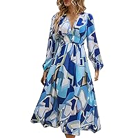 Tea Party Dresses for Woman 2024 Spring Long Sleeve Deep V Neck Floral Maxi Dress Printed Loose Fit Smocked Flowy Boho Dress