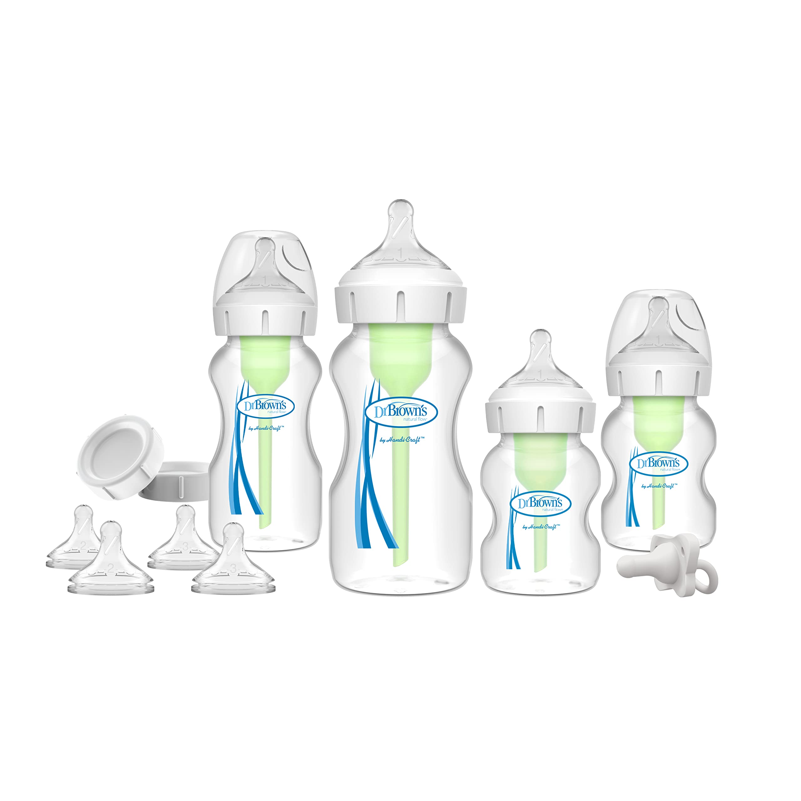 Dr. Brown’s Natural Flow® Anti-Colic Options+™ Wide-Neck Bottle Essentials Gift Set with Breast-Like Nipple, 100% Silicone HappyPaci™ Pacifier and Baby Bottle Travel Caps