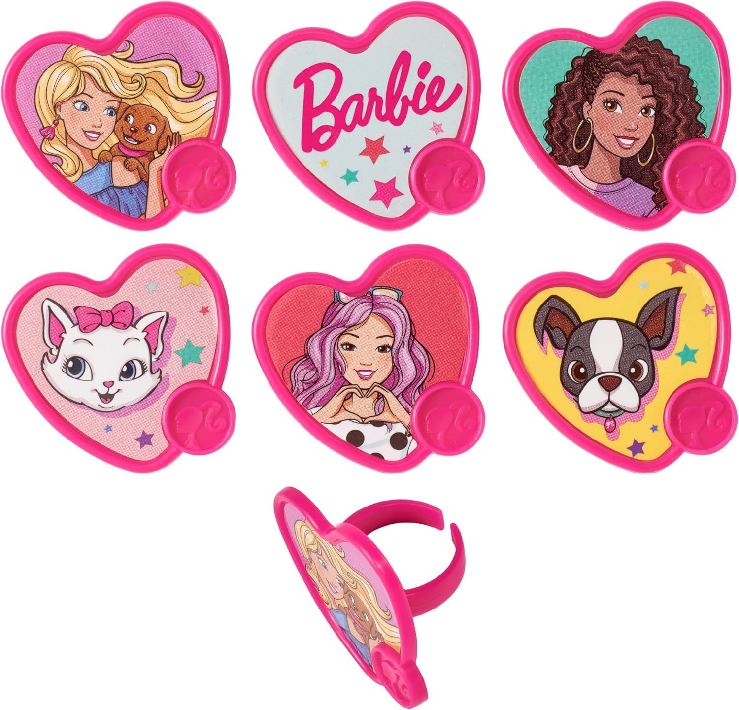 DecoPac Barbie™ Be The Future Rings, Pink Heart Shaped Cupcake Decorations Featuring Barbie and her Friends For Birthday Party And Celebrations - 24 Pack