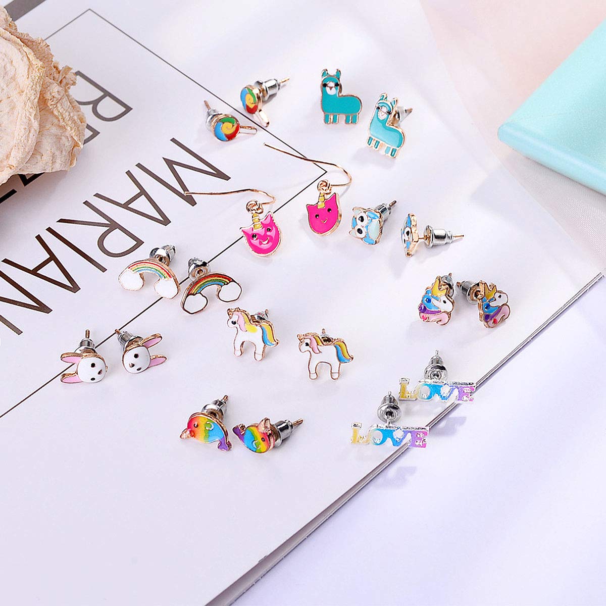 Hypoallergenic Earrings for Girls Kids, Colorful Stud Earrings, Animal Alpaca Rainbow Unicorn Cute Earring Jewelry Set Gifts for Girls Kids Women