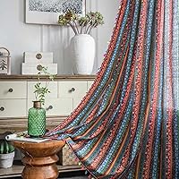 Boho Bright Colored Colorful Geometric Striped Kitchen Window Curtain with Colorful Tassels, Rod Pocket Patchwork Textured Retro Window Curtains Panel for Bedroom Living Room, 1 Panel, 59