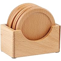 Natural Wooden Coasters for Drinks - EI Sonador Wood Drink Coaster Set, 6 Pcs with Holder, for Drinking Glasses, Coffee Cups, Tabletop Protection for Any Table Type, Home Decor (6X Beech Wood)