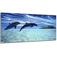 Blue Dolphin Canvas Wall Art Large Size Blue Sky Beach Seascape Wall Painting on Canvas for Home Office Kitchen Bathroom Teen Girls Room Ocean Wall Pictures for Living Room Decor 20x40 INCH Unframed