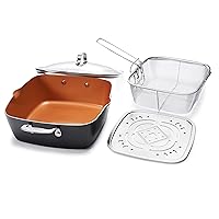 GOTHAM STEEL - 6 Quart XL Nonstick Copper Deep Square All in One 6 Qt Casserole Chef’s Pan & Stock Pot- 4 Piece Set, Includes Frying Basket and Steamer Tray, Dishwasher Safe,Brown