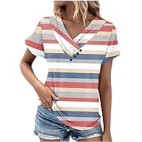 Women's Casual V Neck Short Sleeve Tshirts 2024 Fashion Summer Color Block Tops Loose Tunic Blouses Lightweight Tee Shirts
