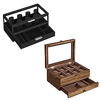 SONGMICS 2 Items Bundle - Watch Boxes, 2-Tier Watch Holder with 7 Pillars, Drawer, Velvet Lining, 2-Tier Watch Case with 8 Slots, Rustic Walnut and Classic Black UJOW007B01 and UJOW008K01