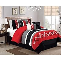 Chezmoi Collection Arden 7-Piece Modern Pleated Stripe Embroidered Zigzag Bedding Comforter Set (Queen, Red/Black/Gray/Off-White)