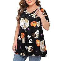 MONNURO Plus Size Tops for Women Short Sleeve V Neck Button Swing Tunic Tops Halloween Shirts(Halloween02,4X)