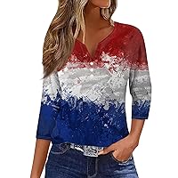 Women's Henley Tops,3/4 Length Sleeve Womens Tops Button Henley V Neck Shirts Henley 2024 Summer Blouses Dressy Fashion Print Clothes Black 3/4 Sleeve Tops for Women