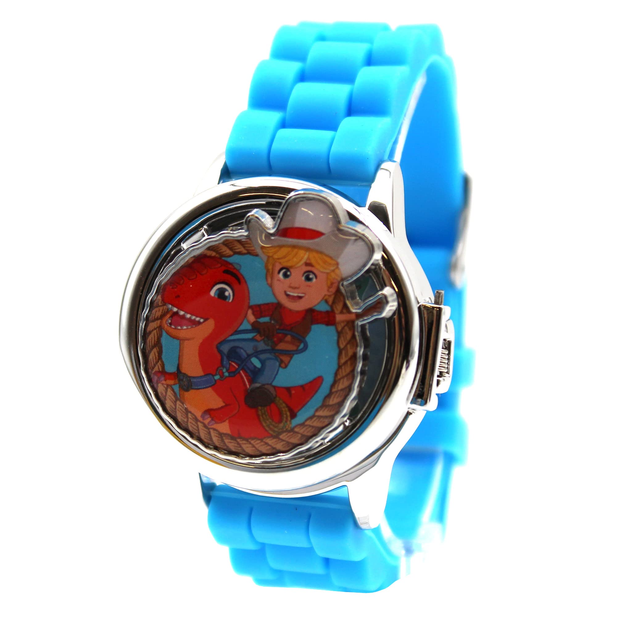 Accutime Kids Dino Ranch Digital LCD Quartz Childrens Wrist Watch for Boys, Girls, Toddlers with Multicolor Face, Blue Strap and Spinner Cover (Model: DNR4000AZ)