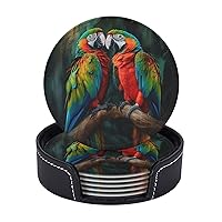 Drink Coasters Set of 6 Two Colored Parrots Coasters for Coffee Table Absorbent Leather Coasters for Drinks with Holder Cup Coaster Set Decor for Bar