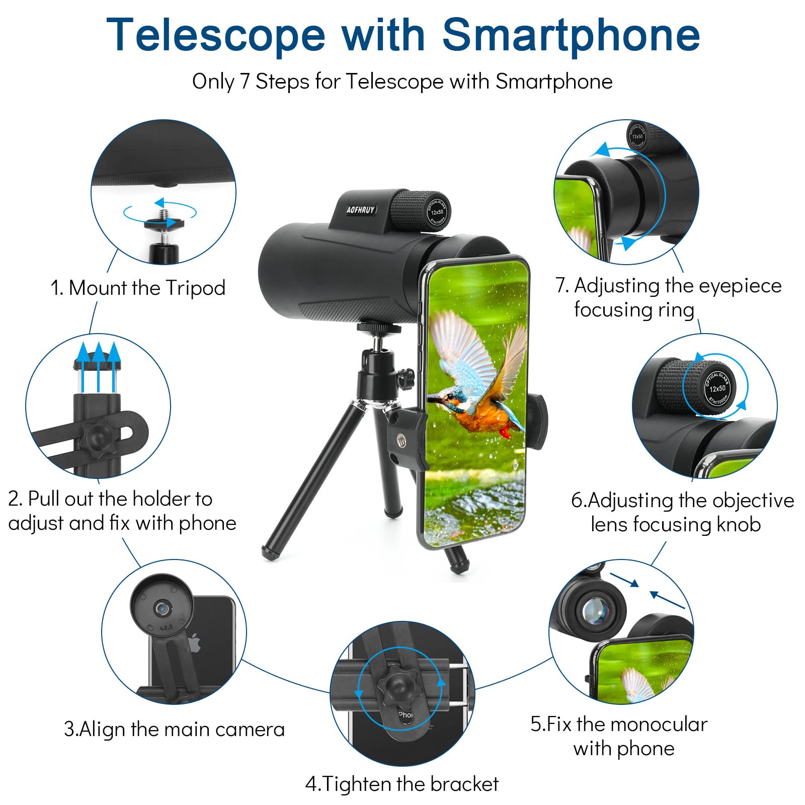 Monocular Telescope High Power 12X50 HD Monocular Equipped with BAK4 Prismwith Smartphone Adapter& Tripod Low Night Vision for Bird Watchin, Hunting and Concert