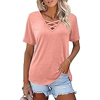 Womens Tops Short Sleeve V Neck Shirts Loose Casual Blouses Summer Tees Criss Cross