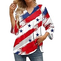 Womens Dressy Tops and Blouses,3/4 Length Sleeve 4Th of July Tops for Women American Flag Shirt Patriotic Tee Tunic