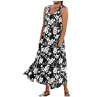 Spring Dresses for Women 2024 Printed Flowy Dress with Pocket Sleeveless Casual Dresses Trendy Swing Sun Dress