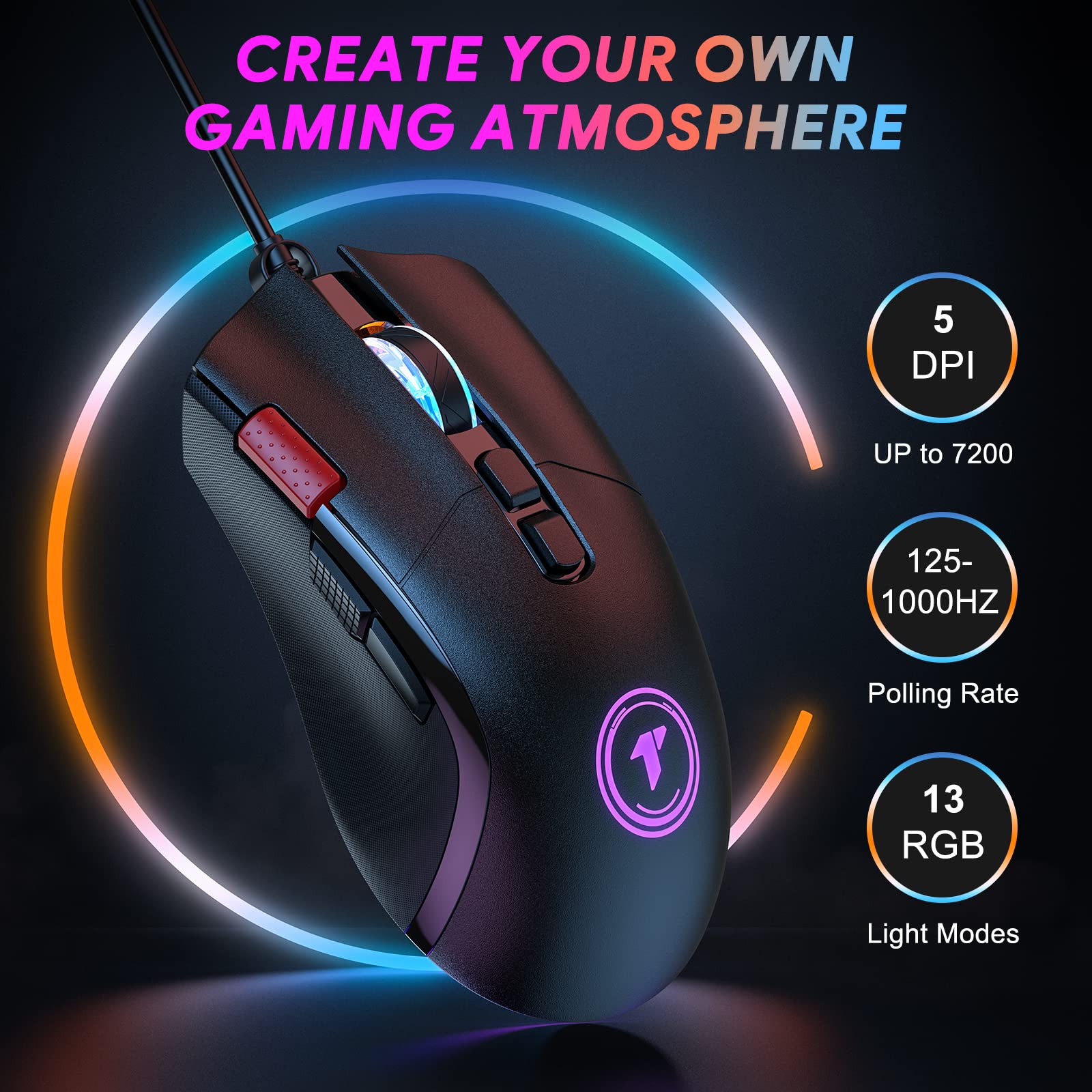 TECURS Wired Gaming Mouse, RGB Backlit Ergonomic Mouse with 8 Programmable Buttons up to 7200 DPI for Laptop/Windows PC/Mac, USB Mouse Gamer Mouse Black