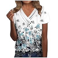 Work Shirts for Women, T Shirts for Womens Short Sleeve Tops Dressy Summer V Neck Buttons Casual Trendy Blouses Tops