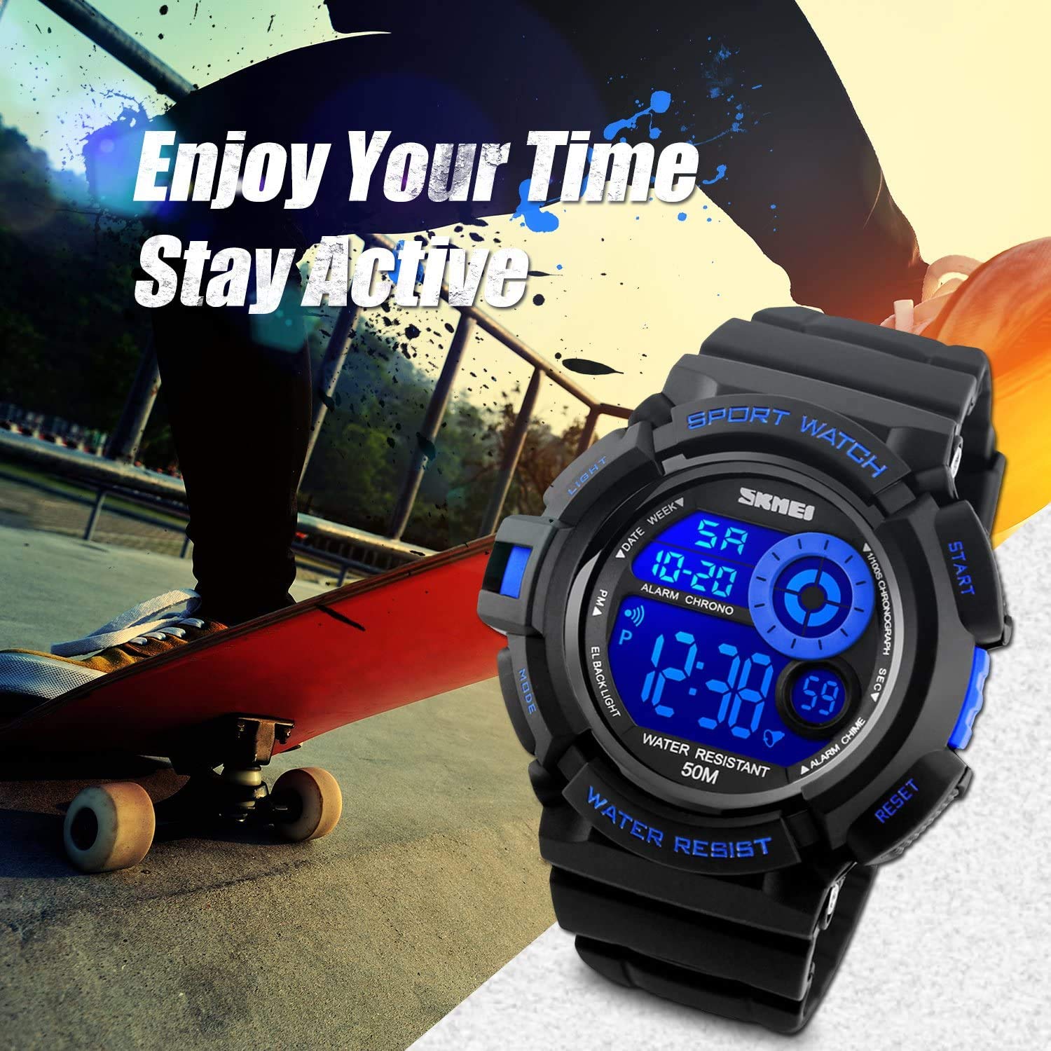 Skmei Mens Sport Running Watch, Digital Electronic 50M Waterproof Military Army Sports LED Wristwatch Water Resistant with Stopwatch Unique Dial 7 Color Changeable Backlight - Blue