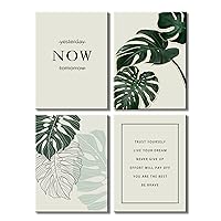 Green Leaf Canvas Wall Art for Home Decoration Office Wall Decor, 4 Pieces Tropical Plant Picture Minimalist Greenery Watercolor Painting, Quote Botanical Print Artwork Painting, Set of 4 Inner Frame