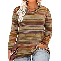 RITERA Plus Size Tops for Women 4X Long Sleeve Cowl Neck Pullover Turtleneck Casual Loose Tunic Blouse Orange Striped Mock Neck Shirt 4XL 26W