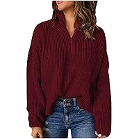 2023 Women's Stand Collar 1/4 Zip Chunky Knit Pullovers Long Sleeve Casual Sweaters Fall Winter Solid Color Jumper
