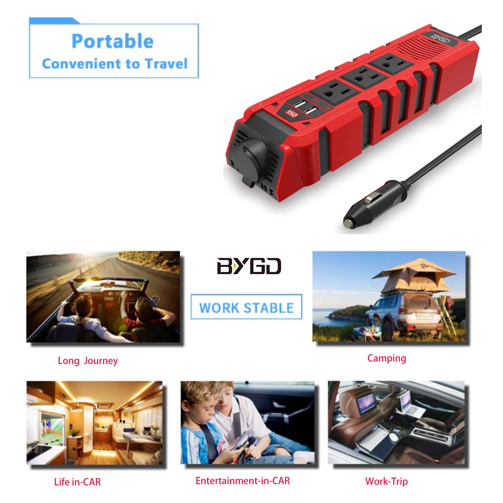 150W Car Power Inverter DC 12V to 110V AC Converter with 3 AC Outlets 2 Quick Charger 4.8A Dual USB Ports Cigarette Lighter Socket Charger Adapter