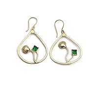 Gold Plated Design Square Shape Green Emerald Hydro Handmade Design Gemstone Brass Dangle Earrings