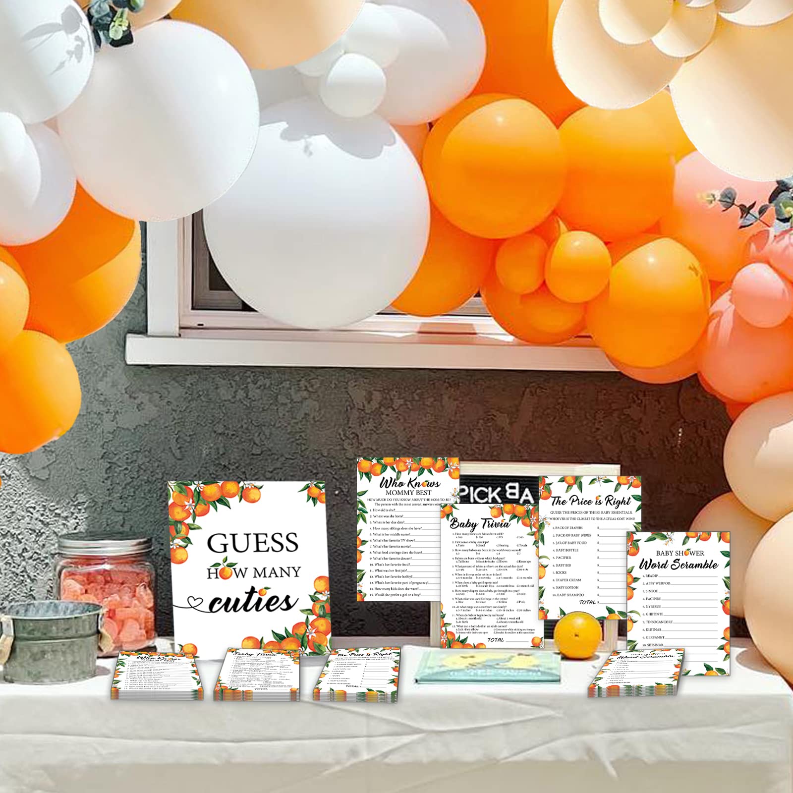 Little Cutie Orange Baby Shower Games, 4 Neutral Games, 50 Sheets Each, Fun Baby Shower Games Activities, Includes Who Knows Mommy Best, Baby Trivia, The Price is Right, and baby Word Scramble