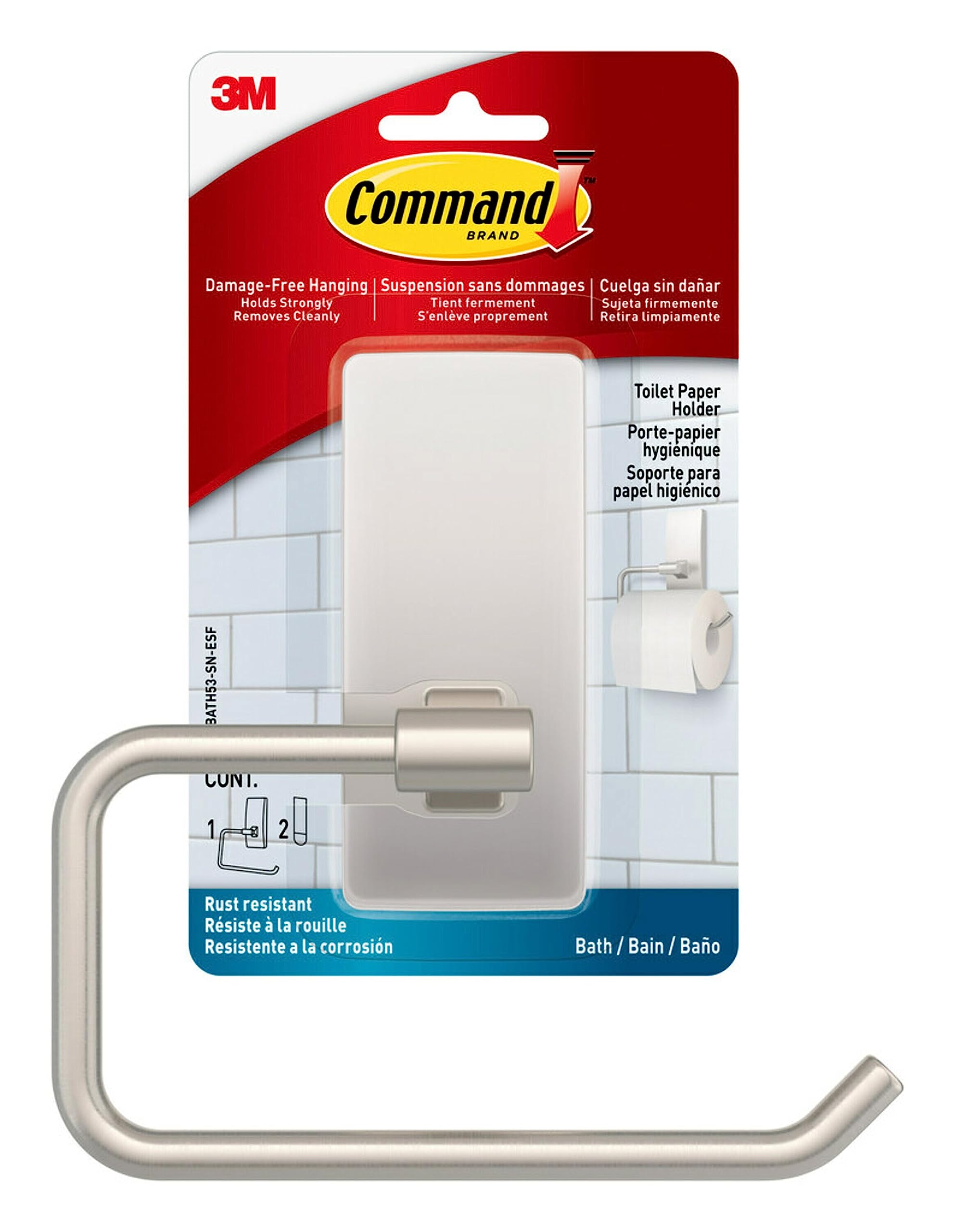 Command Toilet Paper Holder Satin Nickel with Water Resistant Command Strips, Rust Resistant Bathroom Organizer