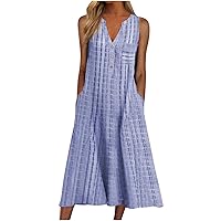 Women Summer Dress with Pocket Sleeveless Midi Dress Casual V Neck Button Sundress Striped Print Mid Calf Dresses