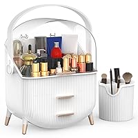 Makeup Organizer and Storage with Brush Holder for Bathroom Vanity Countertop, Portable Cosmetic Display Cases with Handle and Drawers, Gift for Women and Girls -White