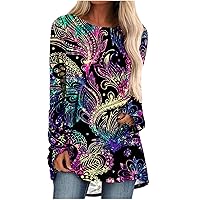 Tunic Tops to Wear with Leggings Tie Dye T-Shirts for Women Long Sleeve Round Neck Tee Vintage Flowy Fall Blouse