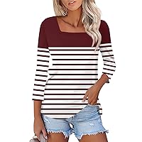 Women Tops 3/4 Length Sleeves Trendy Striped Square Neck Quarter Sleeve Shirt Loose Workout Sweatshirt Blouse