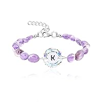 Purple Natural Stone and Austrian Crystal Letter Bracelet, Personalized Initial Jewelry for Women A-Z 26 Letters