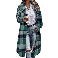 CHICZONE Womens Casual Lapel Button Down Long Plaid Shirt Flannel Shacket Jacket Tartan Trench Coat Green L