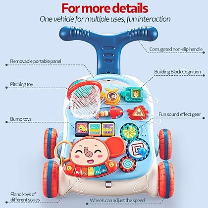 Baby Learning Walker Sit-to-Stand Baby Walker with Wheels Entertainment Table Kids Early Educational Activity Center, Baby Push Walkers for Boys and Girls (Blue White)