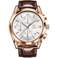 OLEVS Watch for Men Chronograph Brown Leather Gold Case Analog Quartz Fashion Business Dress Large Face Men Watch Day Date Luminous Waterproof Casual Male Wrist Watch Black/Blue/White Dial