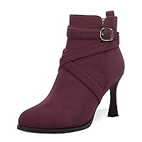 Womens Dress Work Buckle Suede Round Toe Solid Adjustable Strap Spool High Heel Ankle High Boots 3.3 Inch