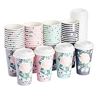 Juvale 48 Pack Disposable 16oz Coffee Cups with Lids, Floral Paper To Go Coffee Cups for Flower-Themed Birthday Party, Wedding, Baby Shower (4 Pastel Colors)