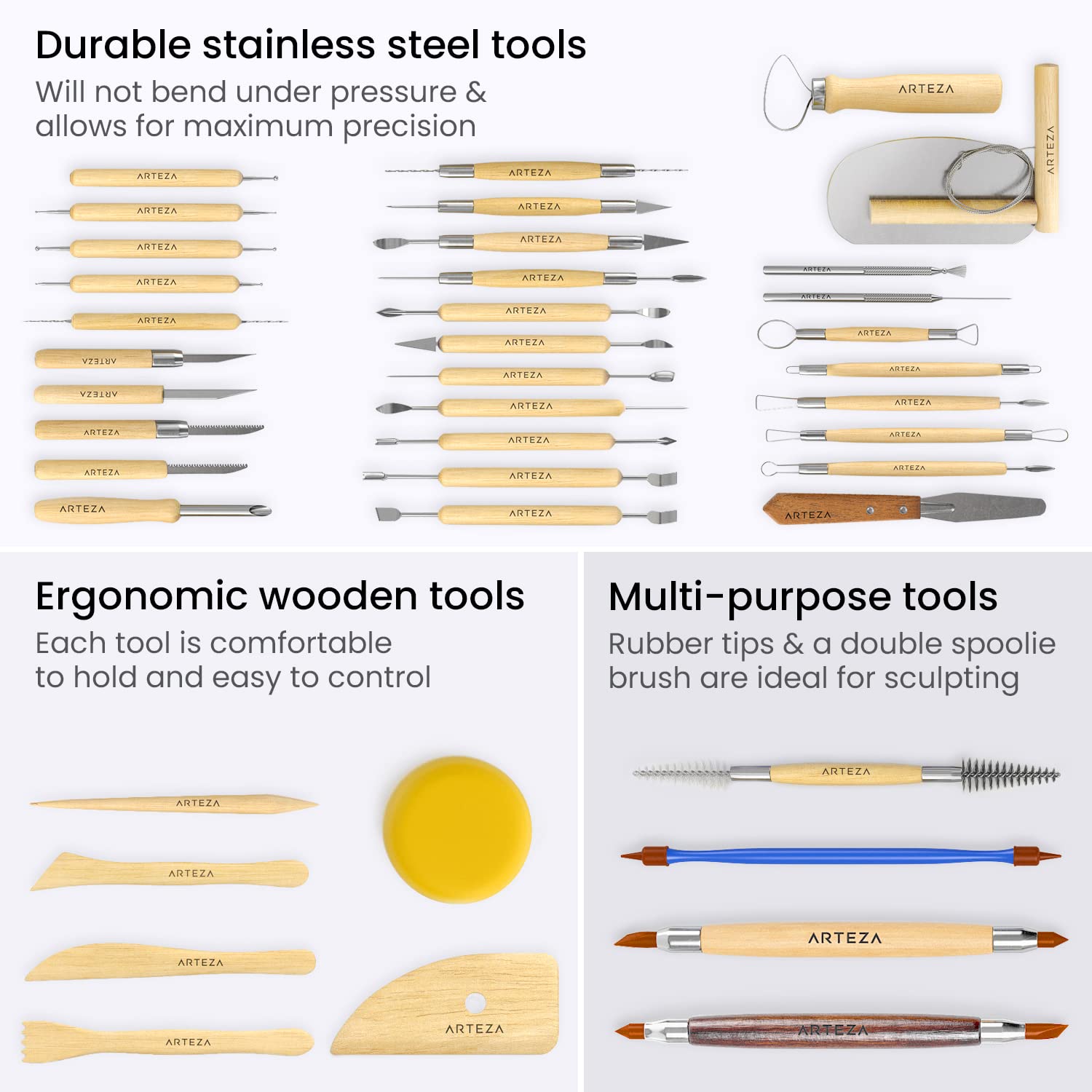 ARTEZA Pottery & Polymer Clay Tools, 42-Piece Sculpting Set, Steel Tip Tools with Wooden Handles, for Pottery Modeling, Smoothing, Carving & Ceramics