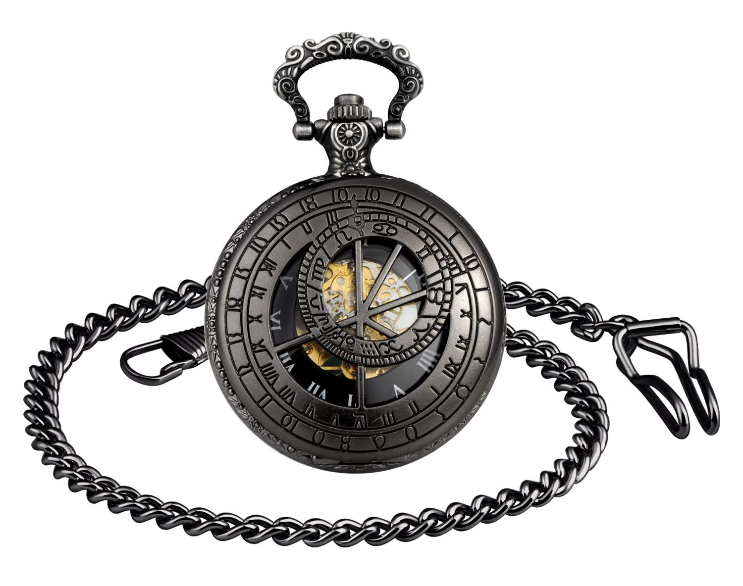 Unendlich U Mechanical Pocket Watch 12 Constellation Compass Vintage Roman Numerals Scale Pocket Watch with Chain