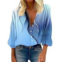 3/4 Length Sleeve Womens Tops,Women's Shirt Blouse Vintage Print Button Casual Fashion Crew Neck 3/4 Sleeve Top