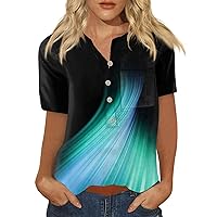 Shirt for Women Short Sleeve V Neck Button Down Tees Tops 2024 Summer Trendy Printed Pocket Blouse